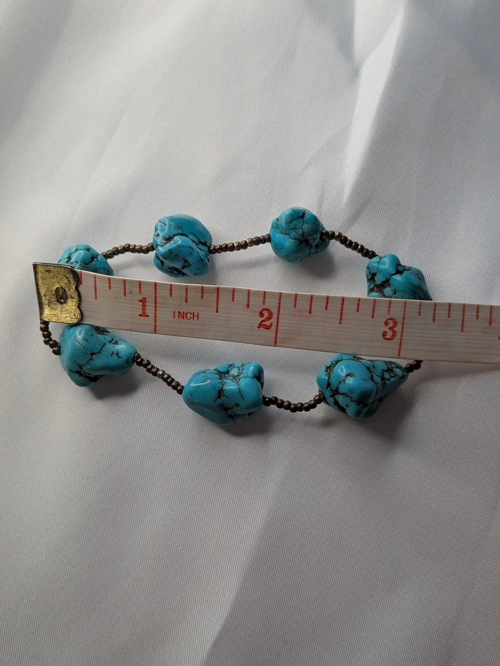 Dyed Howlite Turquoise Stone Nugget Stretch Bracelet Bronze Seed Bead Boho 7 In